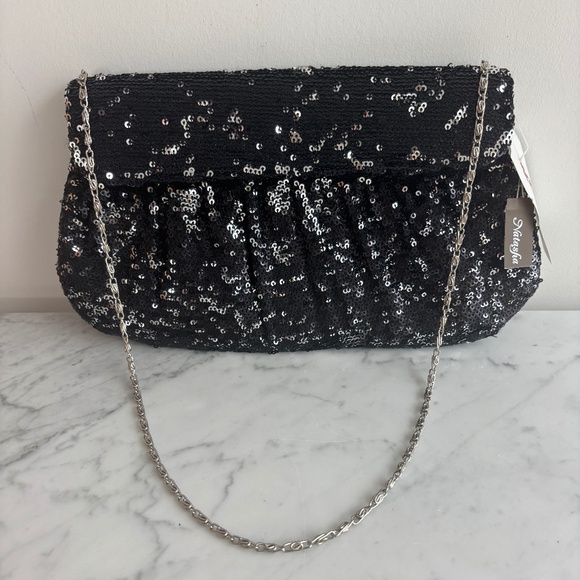New black & silver sparkling-paillette clutch bag - Picture 1 of 5